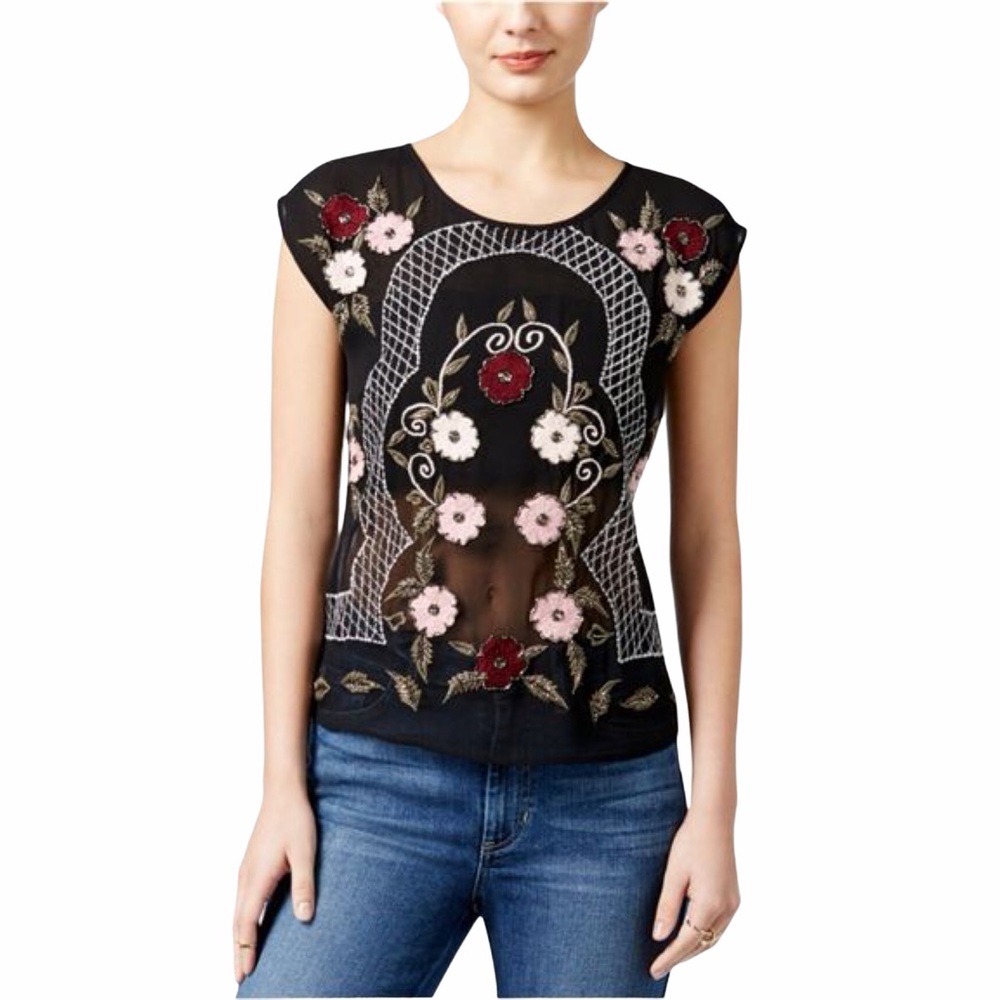 🔥 HOST PICK 🔥 GUESS Black Floral Embroidered Sheer Sleeveless Top XS
